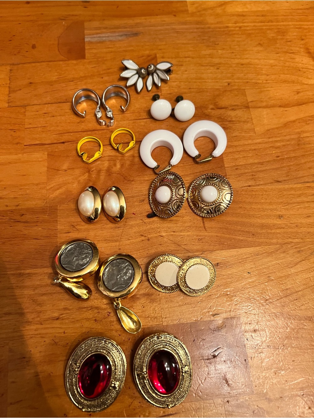 Mixed Women’s Earring Set — Gold, White & Red Accents total of ten pair.